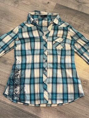 SWS Blue Plaid Snap Button-Down Shirt with Graphic Wings on Back